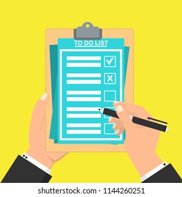 Hand filling checklist on To Do List. Form illustration with man signing a paper work document. Vector Modern flat design concept for web banners, web sites, printed materials, infographics.