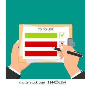 Hand filling checklist on To Do List. Form illustration with man signing a paper work document. Vector Modern flat design concept for web banners, web sites, printed materials, infographics.