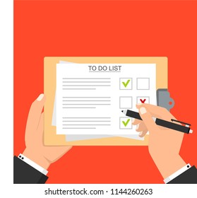 Hand filling checklist on To Do List. Form illustration with man signing a paper work document. Vector Modern flat design concept for web banners, web sites, printed materials, infographics.