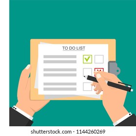 Hand filling checklist on To Do List. Form illustration with man signing a paper work document. Vector Modern flat design concept for web banners, web sites, printed materials, infographics.