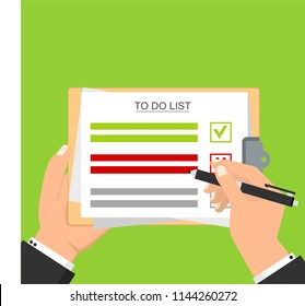 Hand filling checklist on To Do List. Form illustration with man signing a paper work document. Vector Modern flat design concept for web banners, web sites, printed materials, infographics.