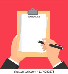 Hand filling checklist on To Do List. Form illustration with man signing a paper work document. Vector Modern flat design concept for web banners, web sites, printed materials, infographics.