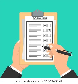 Hand filling checklist on To Do List. Form illustration with man signing a paper work document. Vector Modern flat design concept for web banners, web sites, printed materials, infographics.