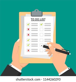 Hand filling checklist on To Do List. Form illustration with man signing a paper work document. Vector Modern flat design concept for web banners, web sites, printed materials, infographics.