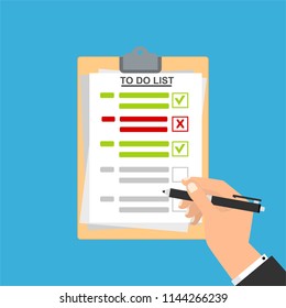 Hand filling checklist on To Do List. Form illustration with man signing a paper work document. Vector Modern flat design concept for web banners, web sites, printed materials, infographics.