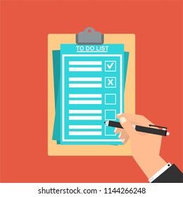 Hand filling checklist on To Do List. Form illustration with man signing a paper work document. Vector Modern flat design concept for web banners, web sites, printed materials, infographics.