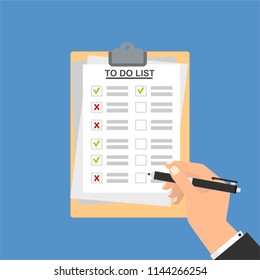 Hand filling checklist on To Do List. Form illustration with man signing a paper work document. Vector Modern flat design concept for web banners, web sites, printed materials, infographics.