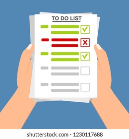 Hand filling checklist on To Do List. Form illustration with man signing a paper work document. Vector Modern flat design concept for web banners, web sites, printed materials, infographics.