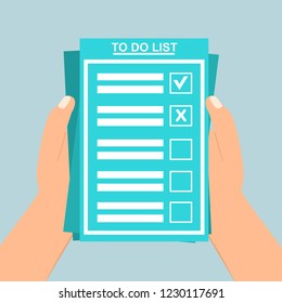 Hand filling checklist on To Do List. Form illustration with man signing a paper work document. Vector Modern flat design concept for web banners, web sites, printed materials, infographics.