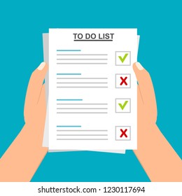 Hand filling checklist on To Do List. Form illustration with man signing a paper work document. Vector Modern flat design concept for web banners, web sites, printed materials, infographics.