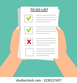 Hand filling checklist on To Do List. Form illustration with man signing a paper work document. Vector Modern flat design concept for web banners, web sites, printed materials, infographics.