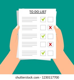 Hand filling checklist on To Do List. Form illustration with man signing a paper work document. Vector Modern flat design concept for web banners, web sites, printed materials, infographics.