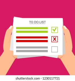 Hand filling checklist on To Do List. Form illustration with man signing a paper work document. Vector Modern flat design concept for web banners, web sites, printed materials, infographics.