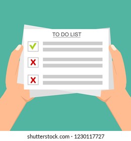 Hand filling checklist on To Do List. Form illustration with man signing a paper work document. Vector Modern flat design concept for web banners, web sites, printed materials, infographics.