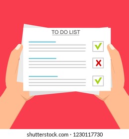 Hand filling checklist on To Do List. Form illustration with man signing a paper work document. Vector Modern flat design concept for web banners, web sites, printed materials, infographics.