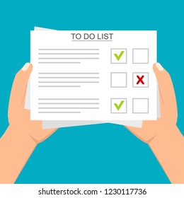 Hand filling checklist on To Do List. Form illustration with man signing a paper work document. Vector Modern flat design concept for web banners, web sites, printed materials, infographics.