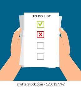 Hand filling checklist on To Do List. Form illustration with man signing a paper work document. Vector Modern flat design concept for web banners, web sites, printed materials, infographics.