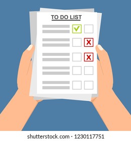 Hand filling checklist on To Do List. Form illustration with man signing a paper work document. Vector Modern flat design concept for web banners, web sites, printed materials, infographics.