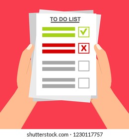 Hand filling checklist on To Do List. Form illustration with man signing a paper work document. Vector Modern flat design concept for web banners, web sites, printed materials, infographics.