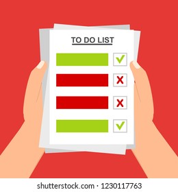 Hand filling checklist on To Do List. Form illustration with man signing a paper work document. Vector Modern flat design concept for web banners, web sites, printed materials, infographics.