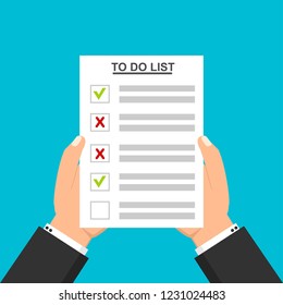 Hand filling checklist on To Do List. Form illustration with man signing a paper work document. Vector Modern flat design concept for web banners, web sites, printed materials, infographics.