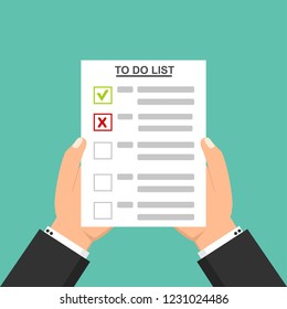 Hand filling checklist on To Do List. Form illustration with man signing a paper work document. Vector Modern flat design concept for web banners, web sites, printed materials, infographics.
