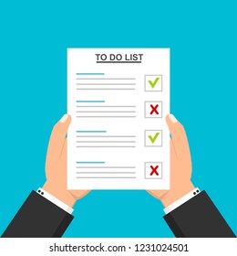 Hand filling checklist on To Do List. Form illustration with man signing a paper work document. Vector Modern flat design concept for web banners, web sites, printed materials, infographics.