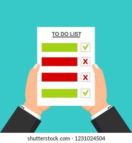 Hand filling checklist on To Do List. Form illustration with man signing a paper work document. Vector Modern flat design concept for web banners, web sites, printed materials, infographics.