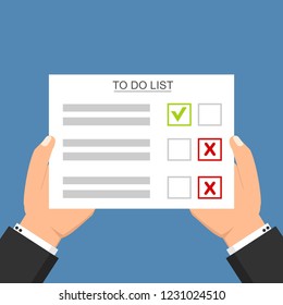 Hand filling checklist on To Do List. Form illustration with man signing a paper work document. Vector Modern flat design concept for web banners, web sites, printed materials, infographics.