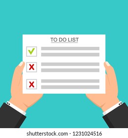 Hand filling checklist on To Do List. Form illustration with man signing a paper work document. Vector Modern flat design concept for web banners, web sites, printed materials, infographics.