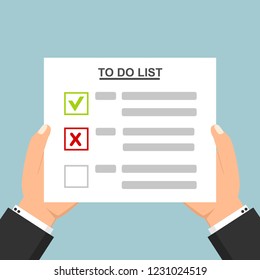 Hand filling checklist on To Do List. Form illustration with man signing a paper work document. Vector Modern flat design concept for web banners, web sites, printed materials, infographics.