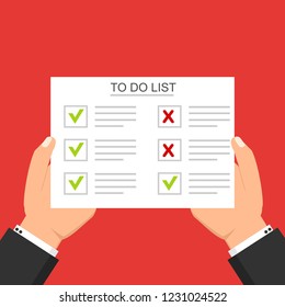 Hand filling checklist on To Do List. Form illustration with man signing a paper work document. Vector Modern flat design concept for web banners, web sites, printed materials, infographics.