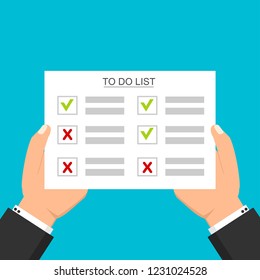 Hand filling checklist on To Do List. Form illustration with man signing a paper work document. Vector Modern flat design concept for web banners, web sites, printed materials, infographics.