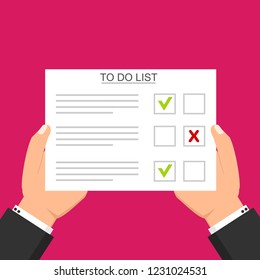 Hand filling checklist on To Do List. Form illustration with man signing a paper work document. Vector Modern flat design concept for web banners, web sites, printed materials, infographics.