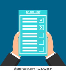 Hand filling checklist on To Do List. Form illustration with man signing a paper work document. Vector Modern flat design concept for web banners, web sites, printed materials, infographics.