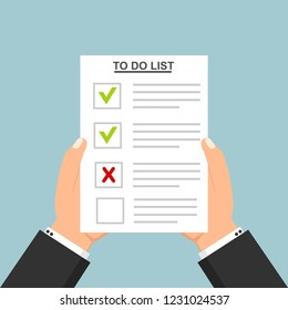 Hand filling checklist on To Do List. Form illustration with man signing a paper work document. Vector Modern flat design concept for web banners, web sites, printed materials, infographics.