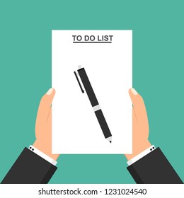 Hand filling checklist on To Do List. Form illustration with man signing a paper work document. Vector Modern flat design concept for web banners, web sites, printed materials, infographics.