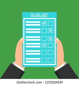 Hand filling checklist on To Do List. Form illustration with man signing a paper work document. Vector Modern flat design concept for web banners, web sites, printed materials, infographics.