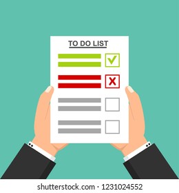 Hand filling checklist on To Do List. Form illustration with man signing a paper work document. Vector Modern flat design concept for web banners, web sites, printed materials, infographics.