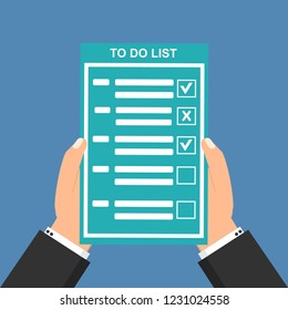 Hand filling checklist on To Do List. Form illustration with man signing a paper work document. Vector Modern flat design concept for web banners, web sites, printed materials, infographics.