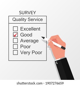 Hand filling on survey form concept. A survey questionnaire for customer feedback vector illustration