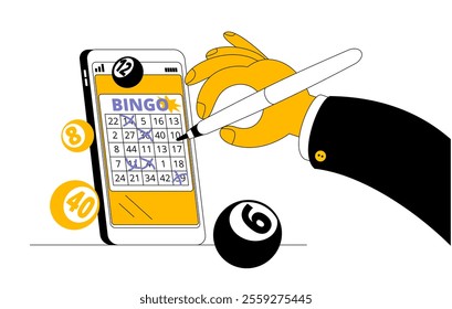 Hand filling out bingo card on phone. Vector illustration on online gambling theme