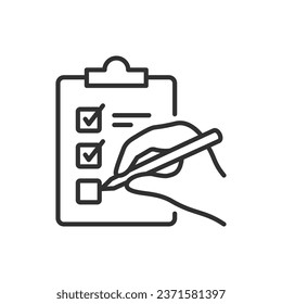 Hand filling out a checklist, linear icon. Clipboard with checklist. Line with editable stroke