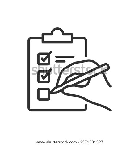 Hand filling out a checklist, linear icon. Clipboard with checklist. Line with editable stroke