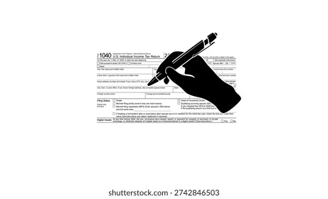 hand filling out form 1040, black isolated silhouette