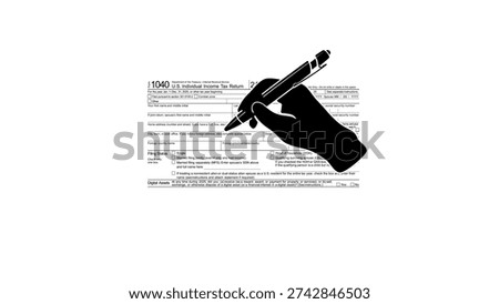 hand filling out form 1040, black isolated silhouette