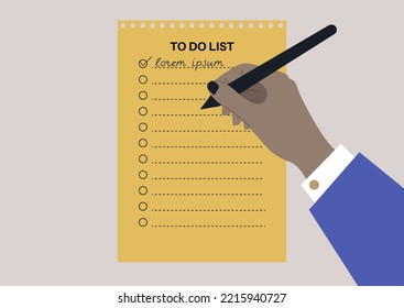 Hand filling out a to-do list with check boxes and lines