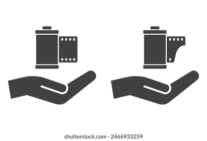 Hand with film roll and film reel icon set