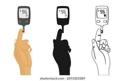 dedo da mão com sangue anexado ao monitor digital de glicose, ilustração vetorial isolado no fundo branco.