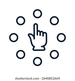 Hand, finger, buttons. Concept of choice, diversity. Vector linear icon isolated on white background.